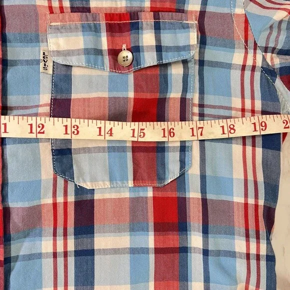 Levis Modern Fit Hooded Button Up L/S Shirt Mens Medium Red White Blue Plaid - Picture 16 of 16